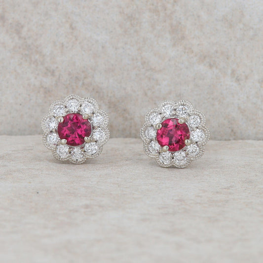 14k Yellow Gold Rubellite Tourmaline and Diamond Halo Earrings