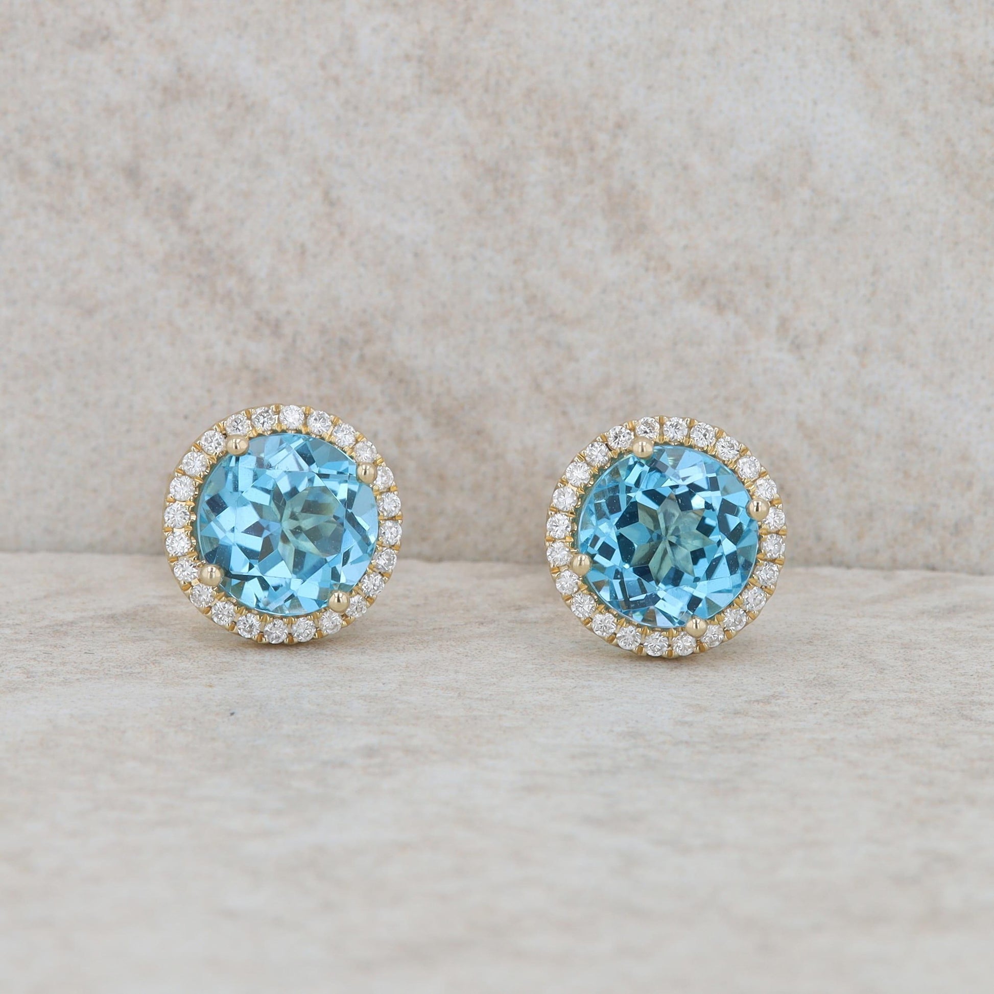 14k Yellow Gold Blue Topaz and Diamond Halo Earrings