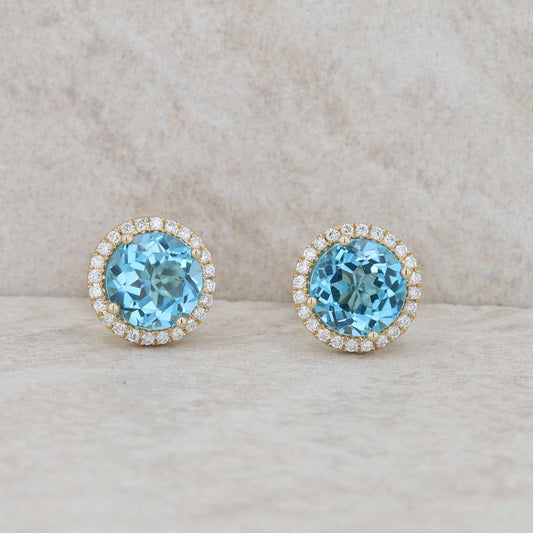 14k Yellow Gold Blue Topaz and Diamond Halo Earrings