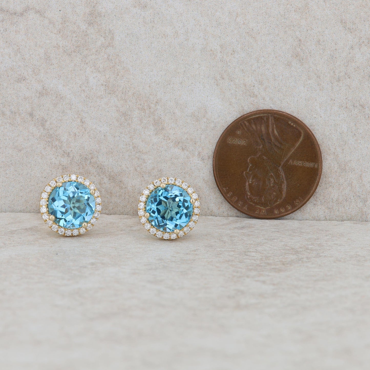 14k Yellow Gold Blue Topaz and Diamond Halo Earrings