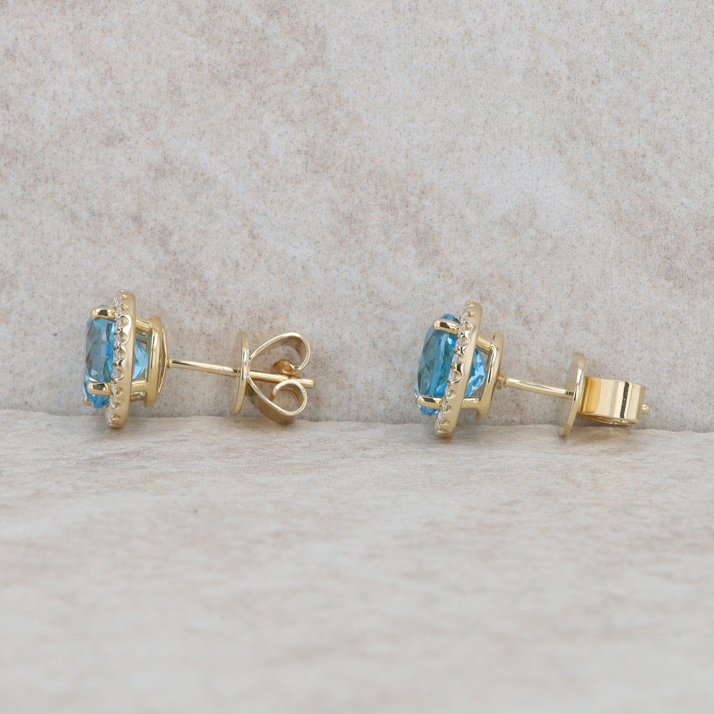 14k Yellow Gold Blue Topaz and Diamond Halo Earrings