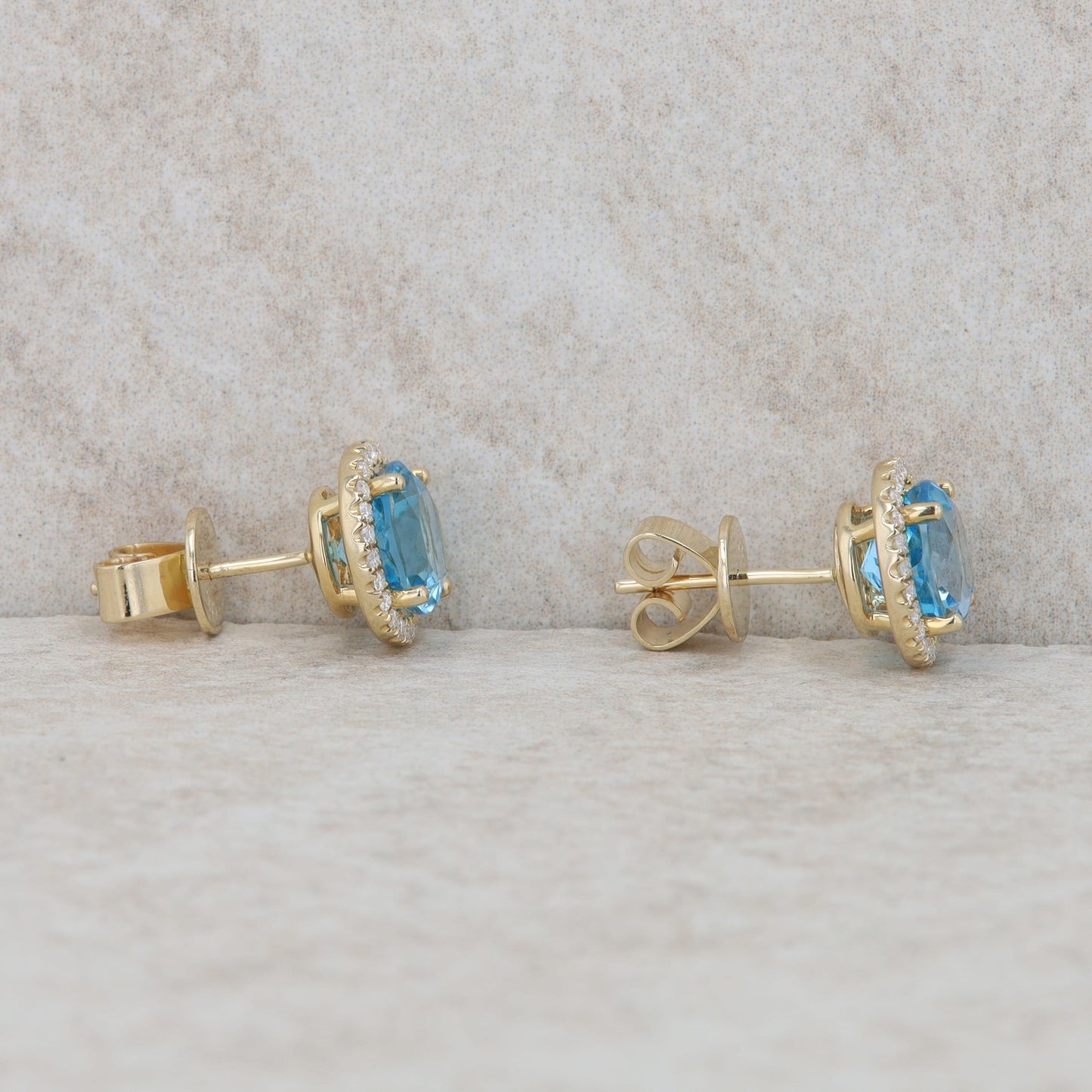 14k Yellow Gold Blue Topaz and Diamond Halo Earrings