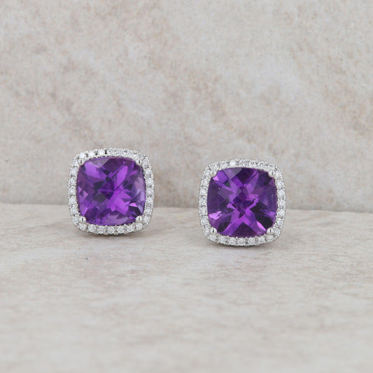 14k White Gold Cushion Amethyst and Diamond Halo Earrings