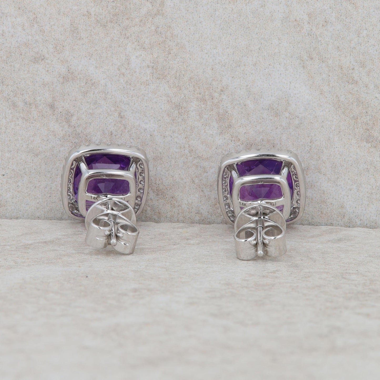 14k White Gold Cushion Amethyst and Diamond Halo Earrings