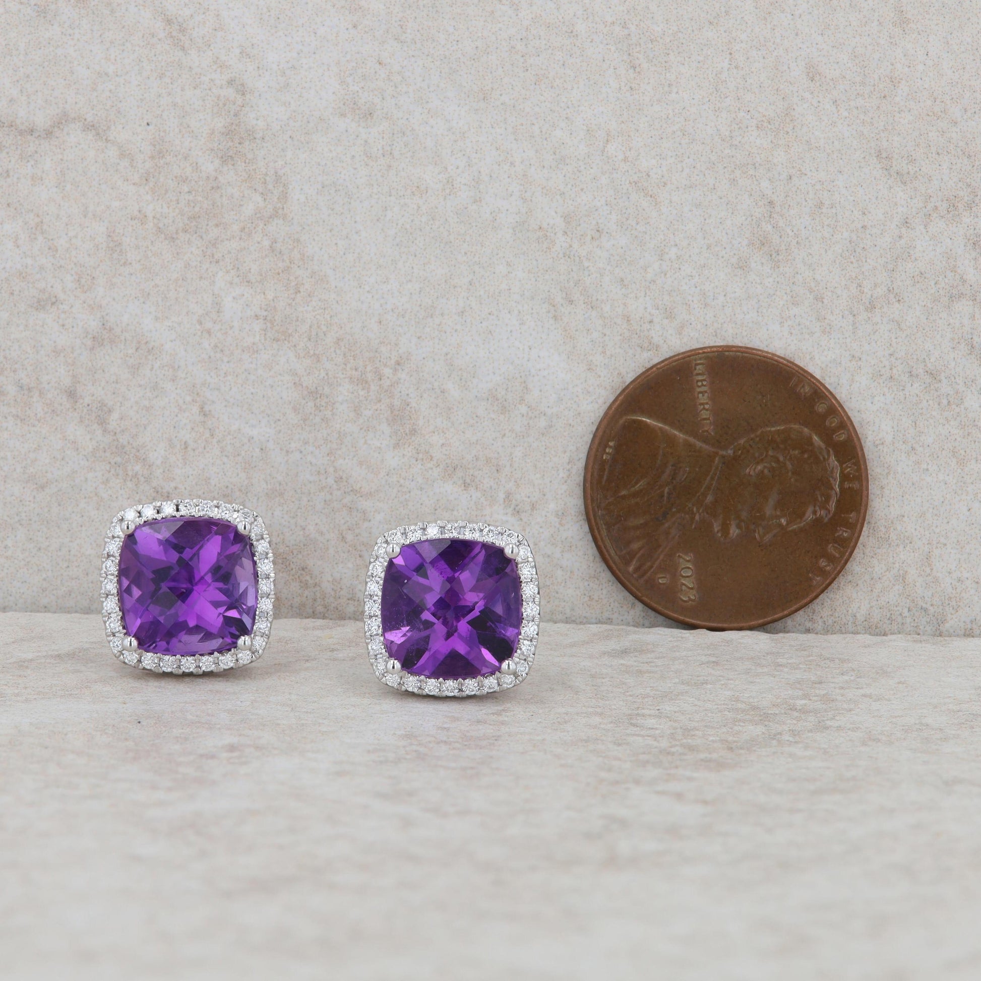 14k White Gold Cushion Amethyst and Diamond Halo Earrings