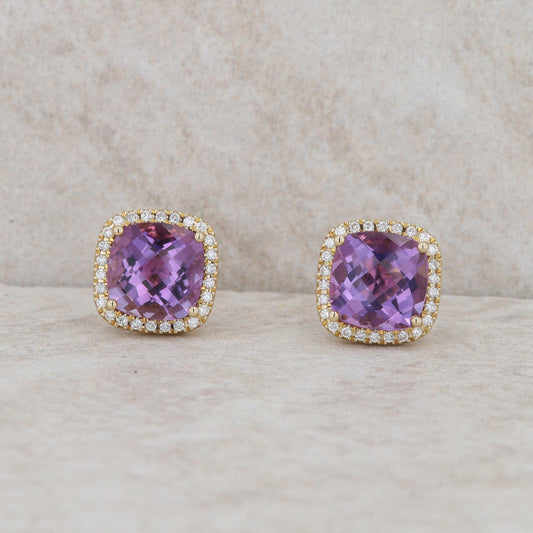 14k Yellow Gold Cushion Amethyst and Diamond Halo Earrings