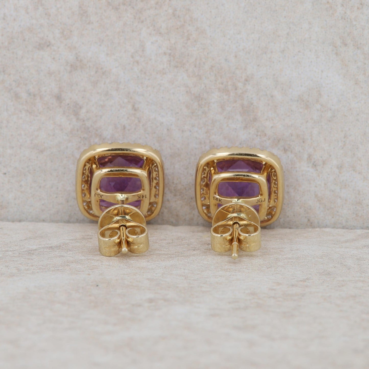 14k Yellow Gold Cushion Amethyst and Diamond Halo Earrings