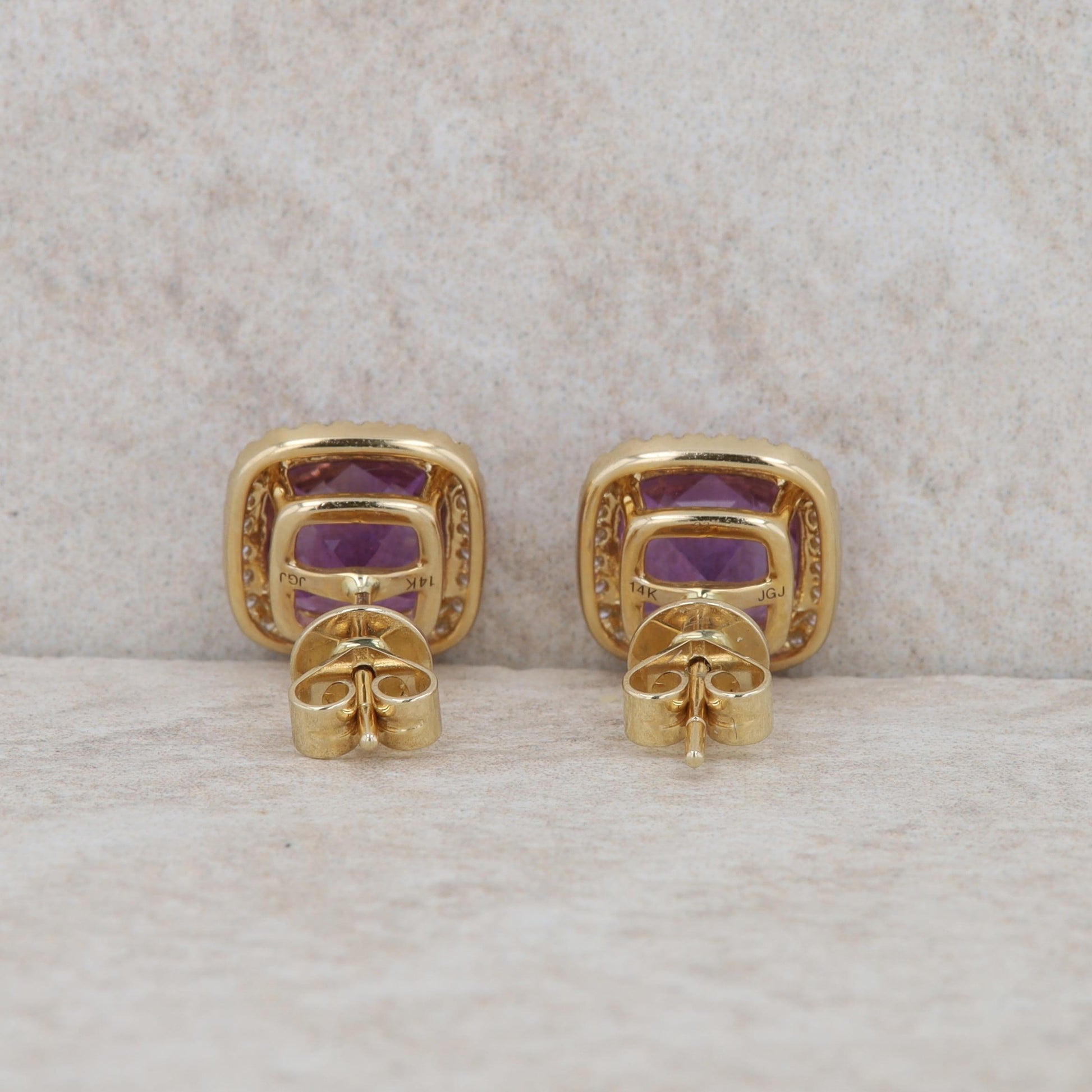 14k Yellow Gold Cushion Amethyst and Diamond Halo Earrings