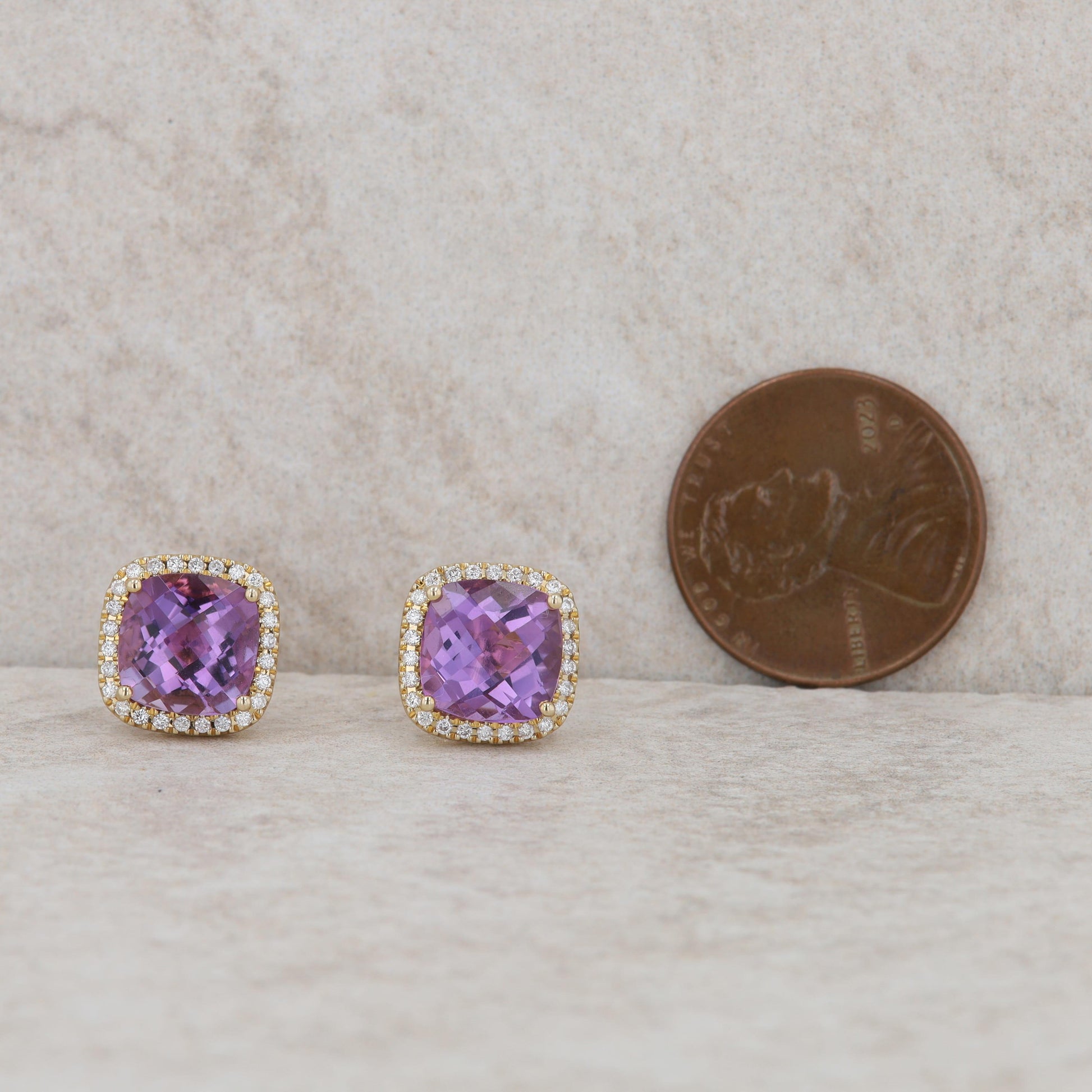 14k Yellow Gold Cushion Amethyst and Diamond Halo Earrings