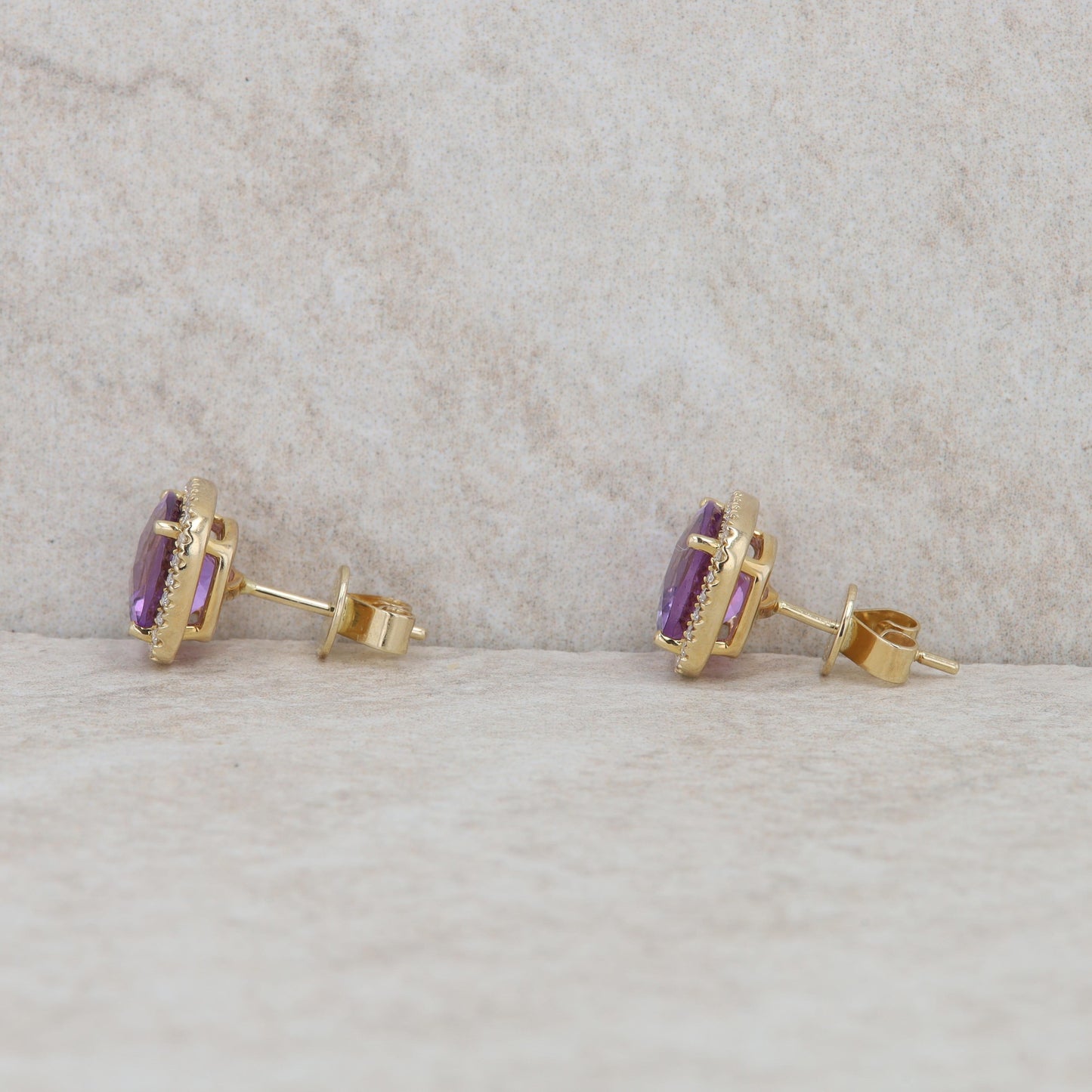 14k Yellow Gold Cushion Amethyst and Diamond Halo Earrings