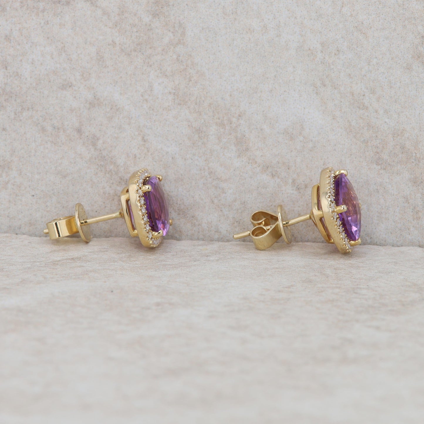 14k Yellow Gold Cushion Amethyst and Diamond Halo Earrings