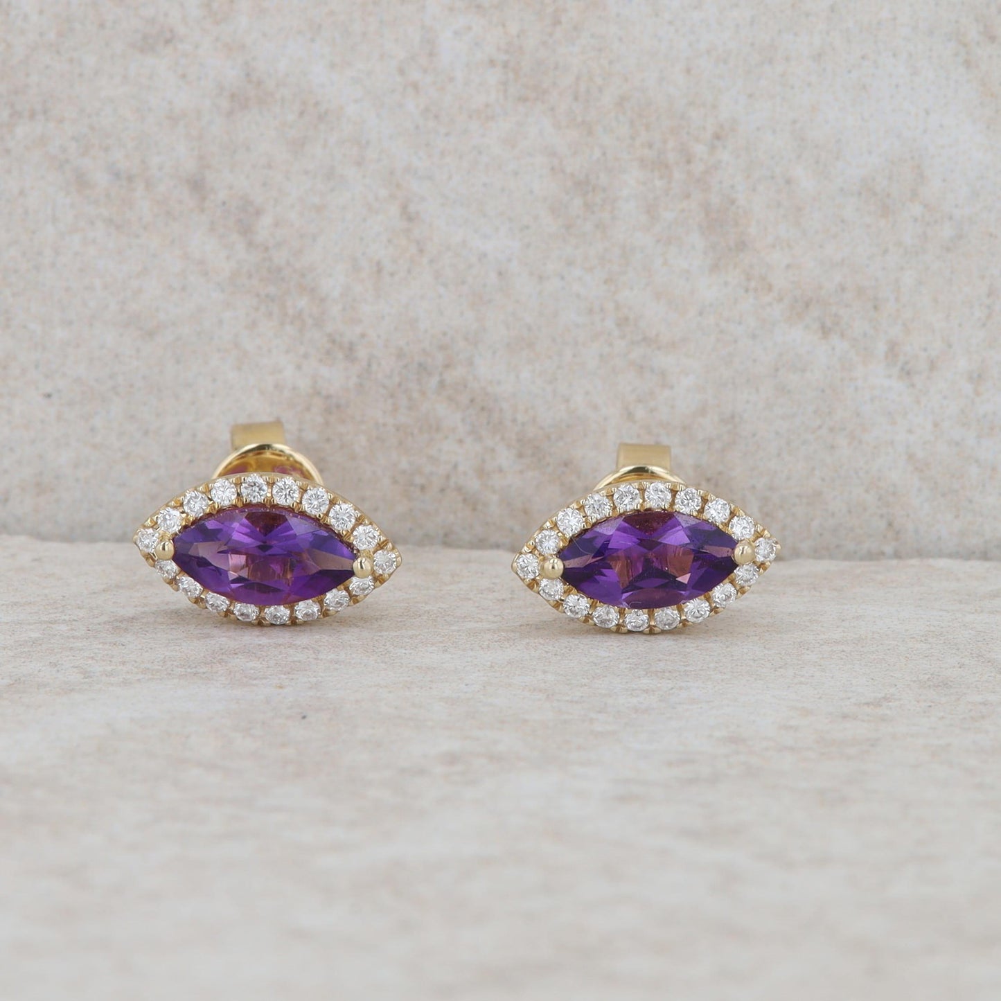 14k Yellow Gold Amethyst Marquise Diamond Halo Earrings