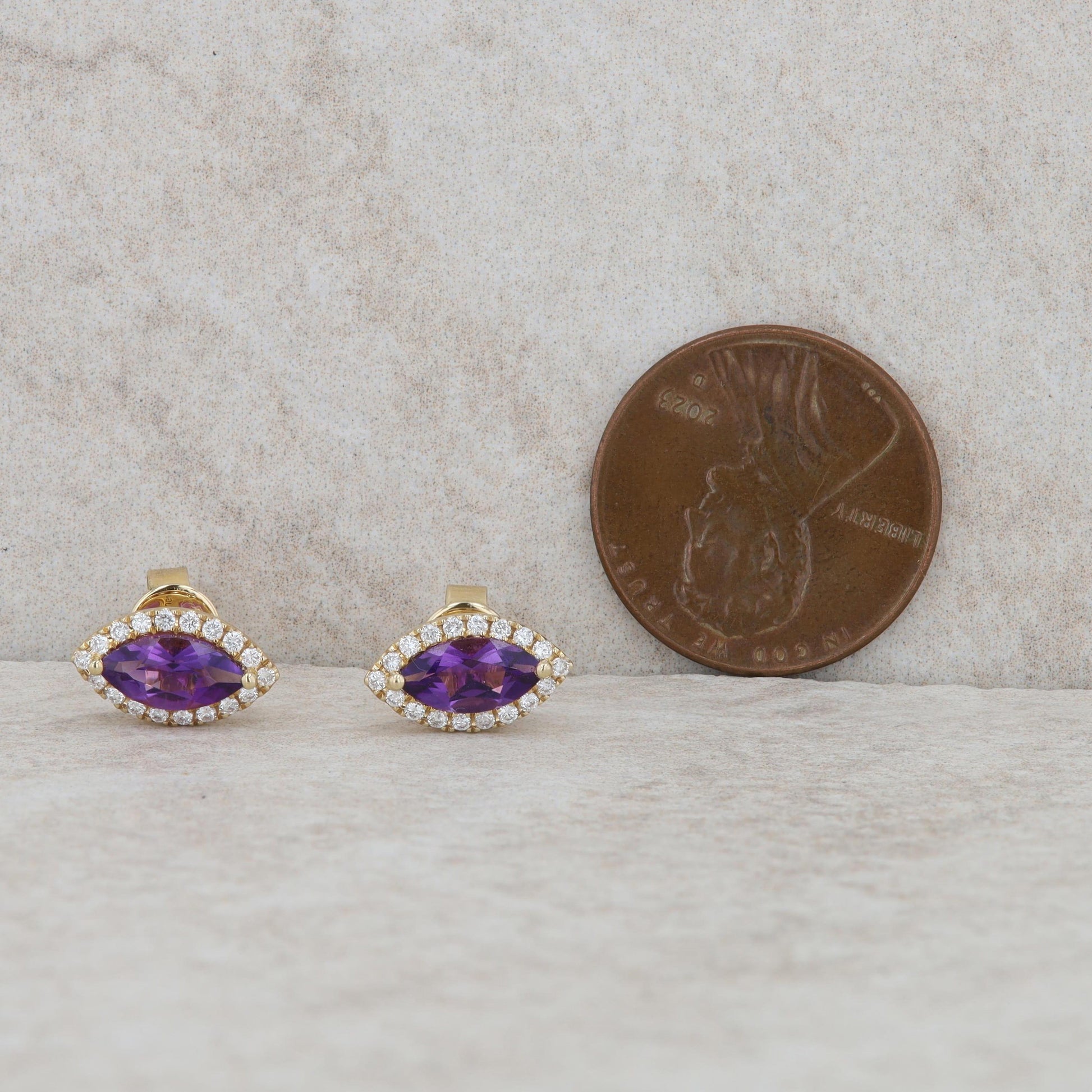 14k Yellow Gold Amethyst Marquise Diamond Halo Earrings