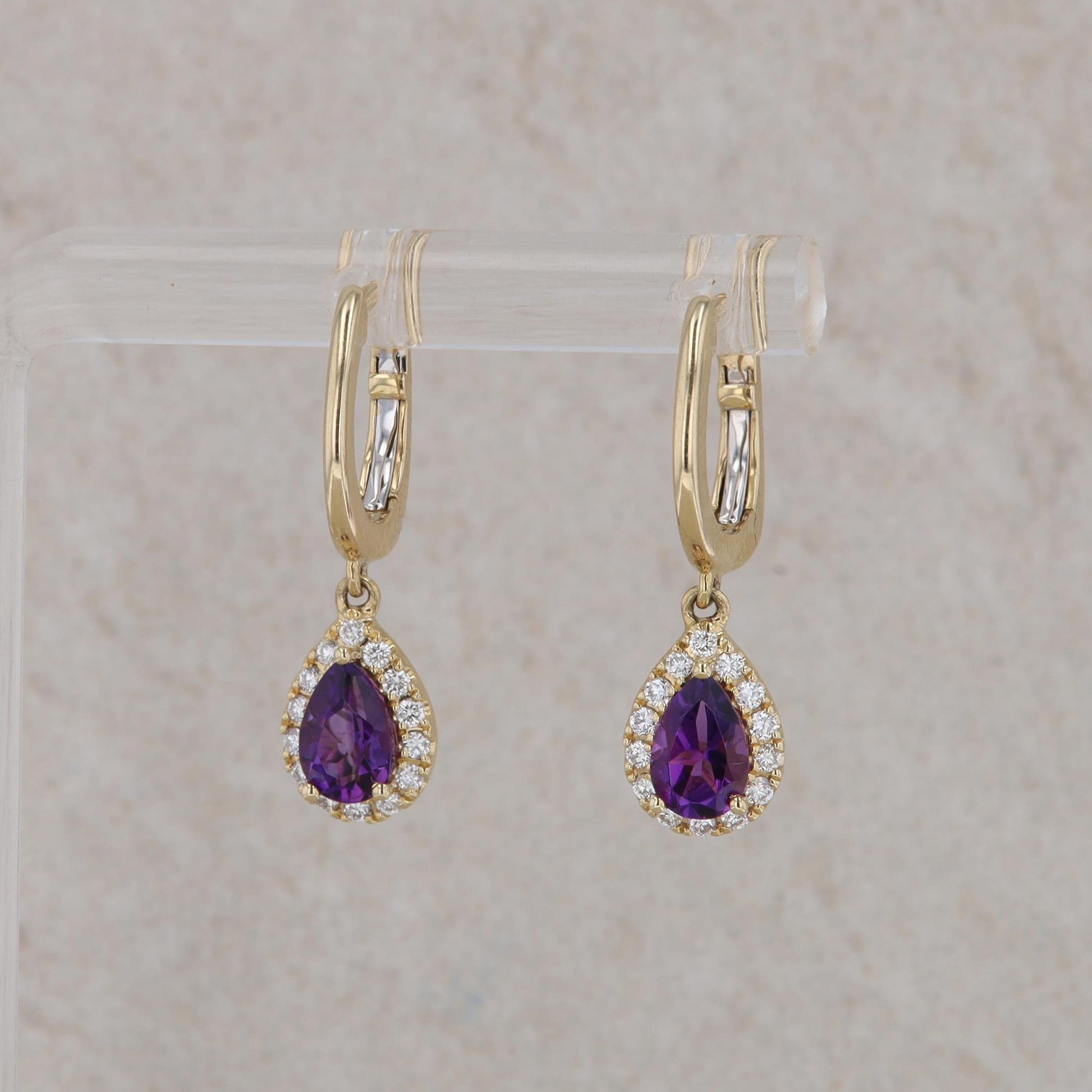 14k Yellow Gold Pear Amethyst and Diamond Halo Dangle Earrings