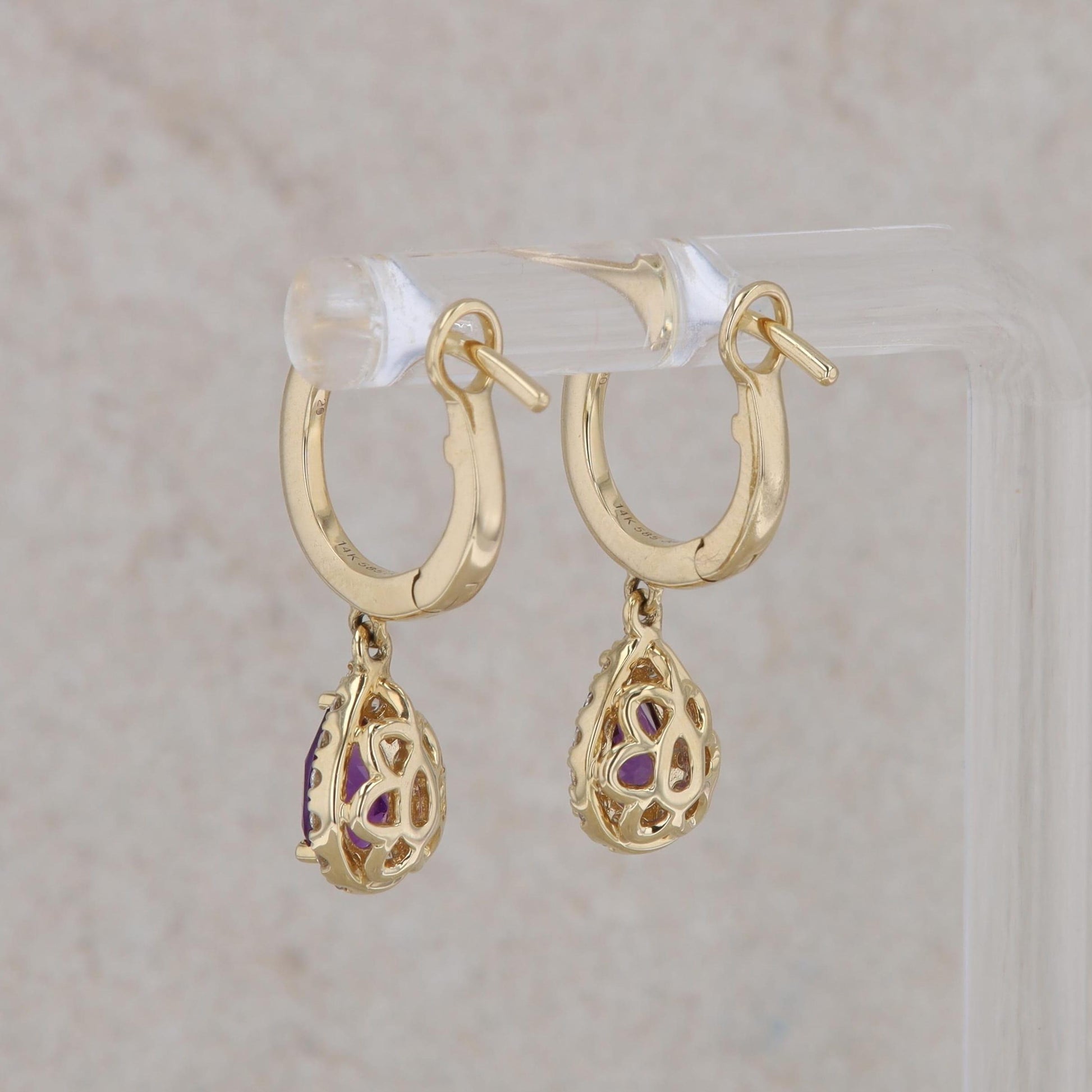 14k Yellow Gold Pear Amethyst and Diamond Halo Dangle Earrings