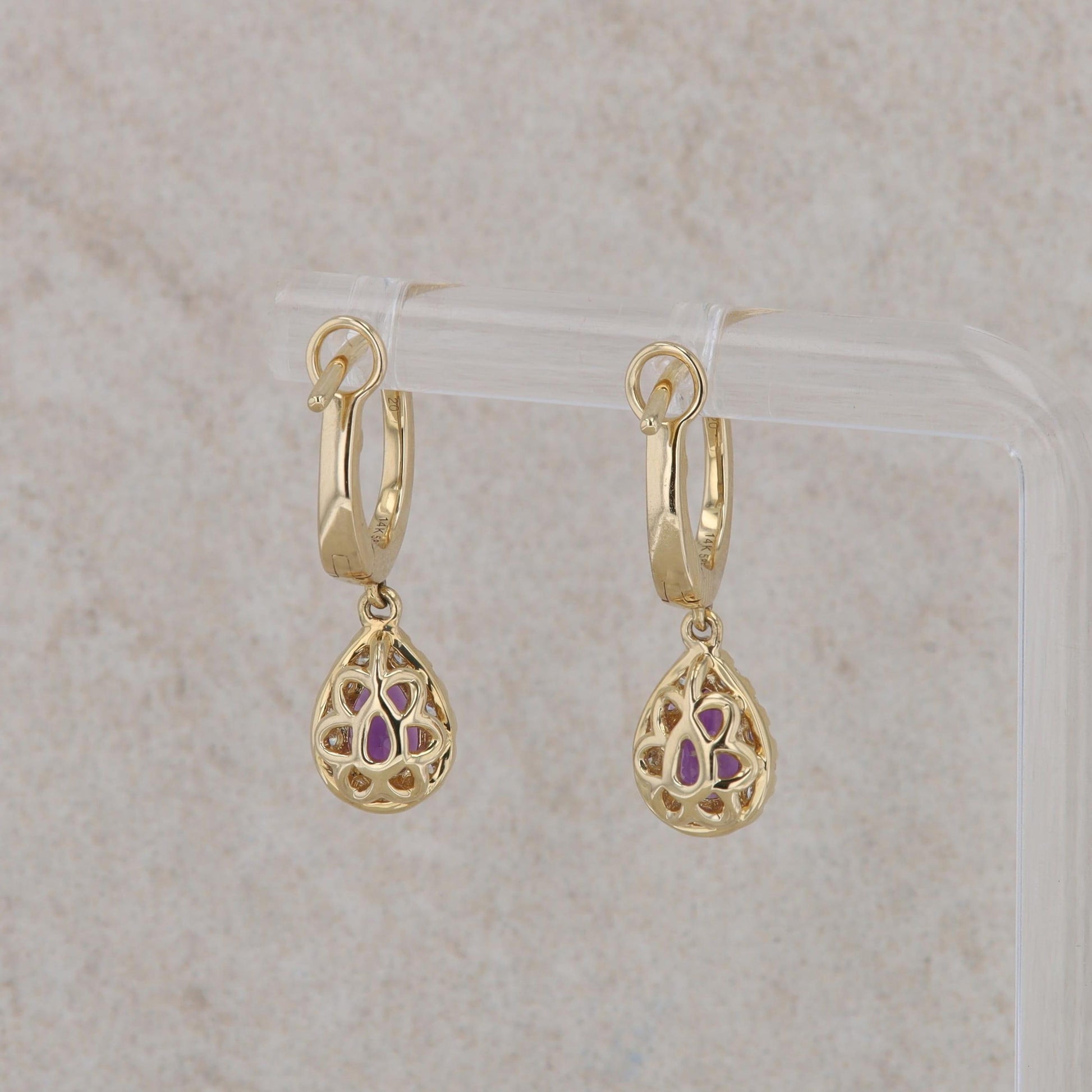 14k Yellow Gold Pear Amethyst and Diamond Halo Dangle Earrings