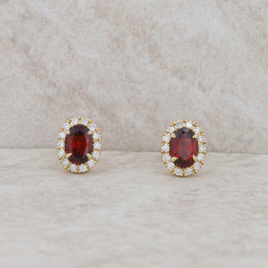 14k Yellow Gold Oval Garnet and Diamond Halo Earrings