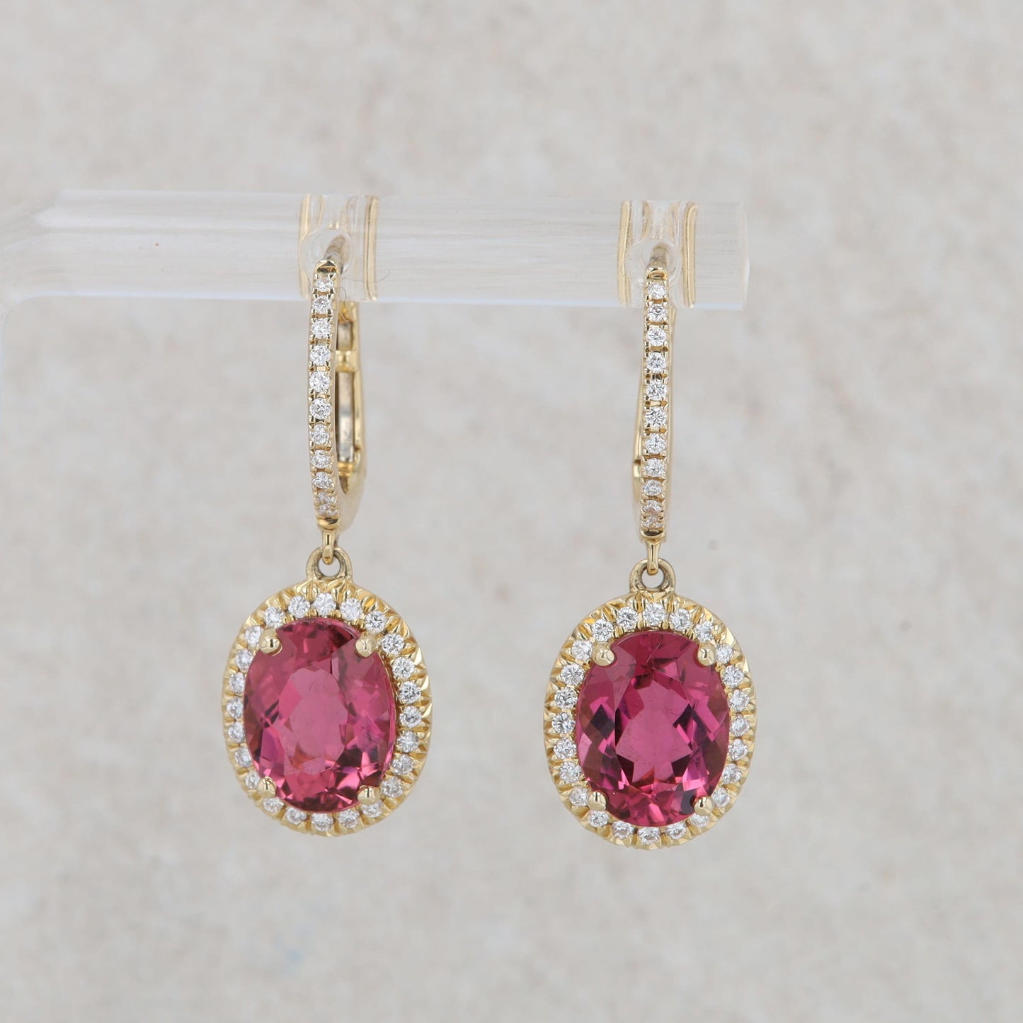 14k Yellow Gold Oval Pink Tourmaline and Diamond Dangle Earrings