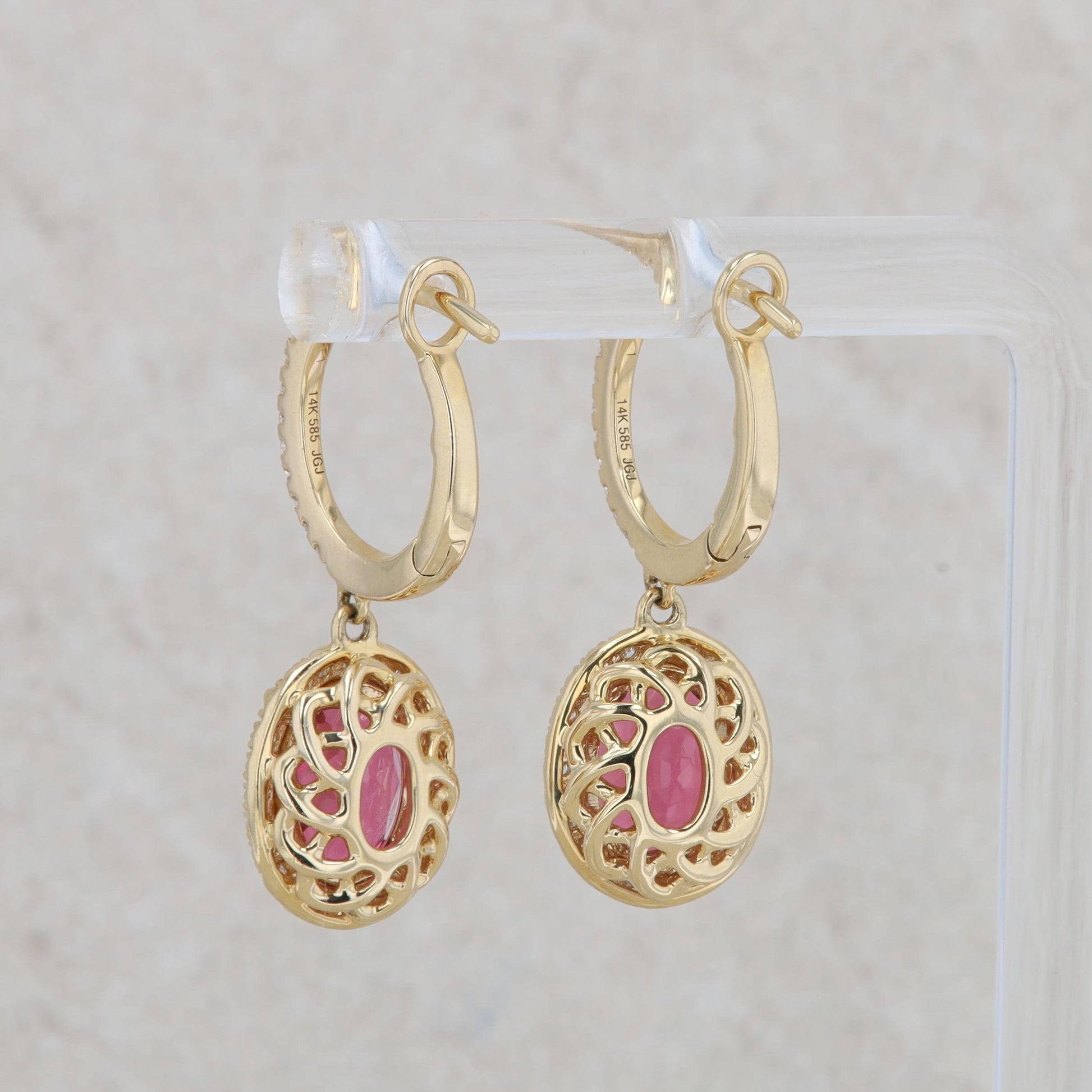 14k Yellow Gold Oval Pink Tourmaline and Diamond Dangle Earrings