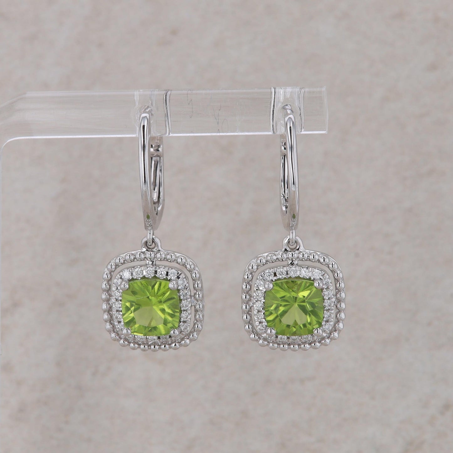 14k White Gold Cushion Diamond Halo and Peridot Drop Dangle Earring