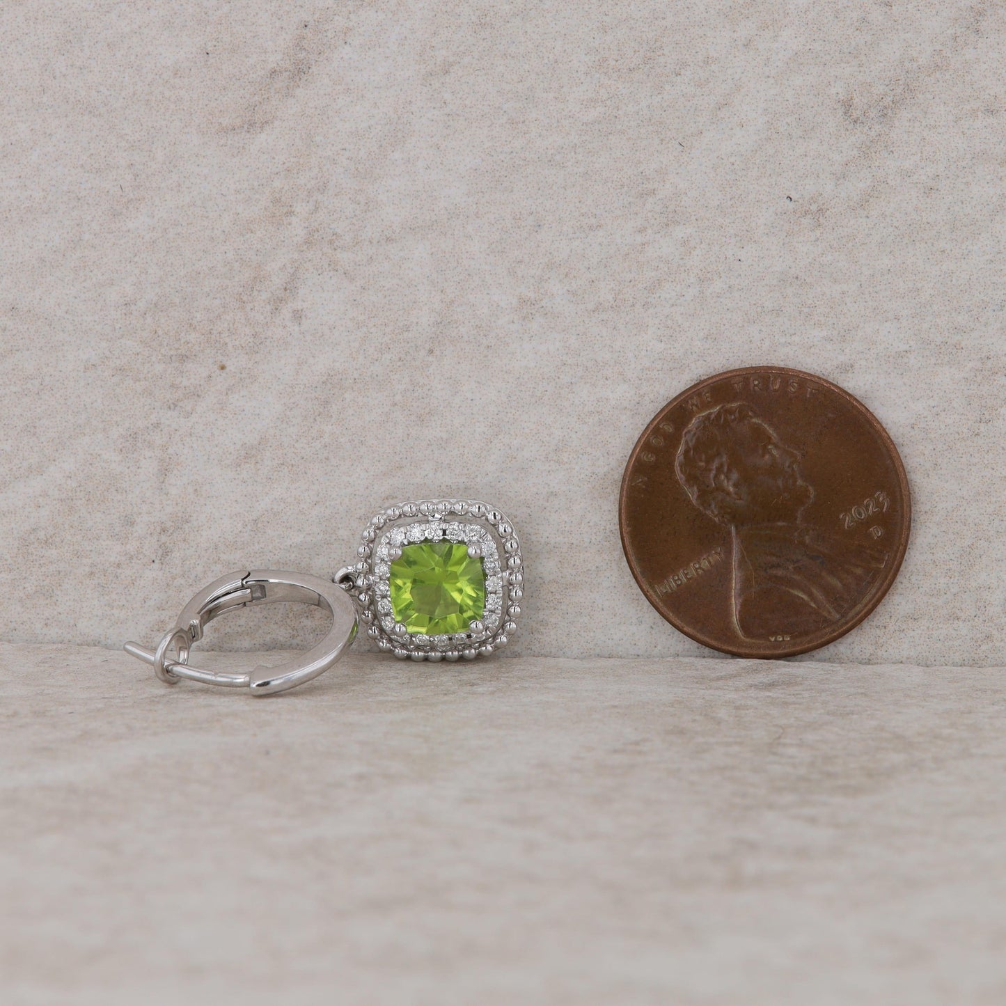 14k White Gold Cushion Diamond Halo and Peridot Drop Dangle Earring