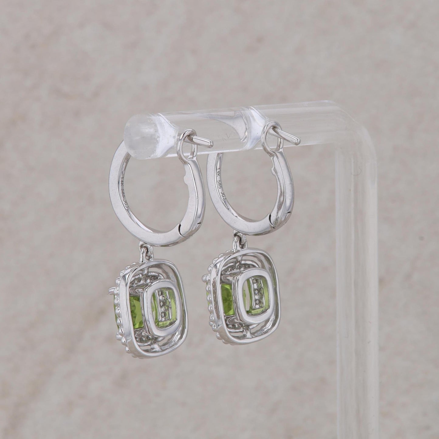 14k White Gold Cushion Diamond Halo and Peridot Drop Dangle Earring