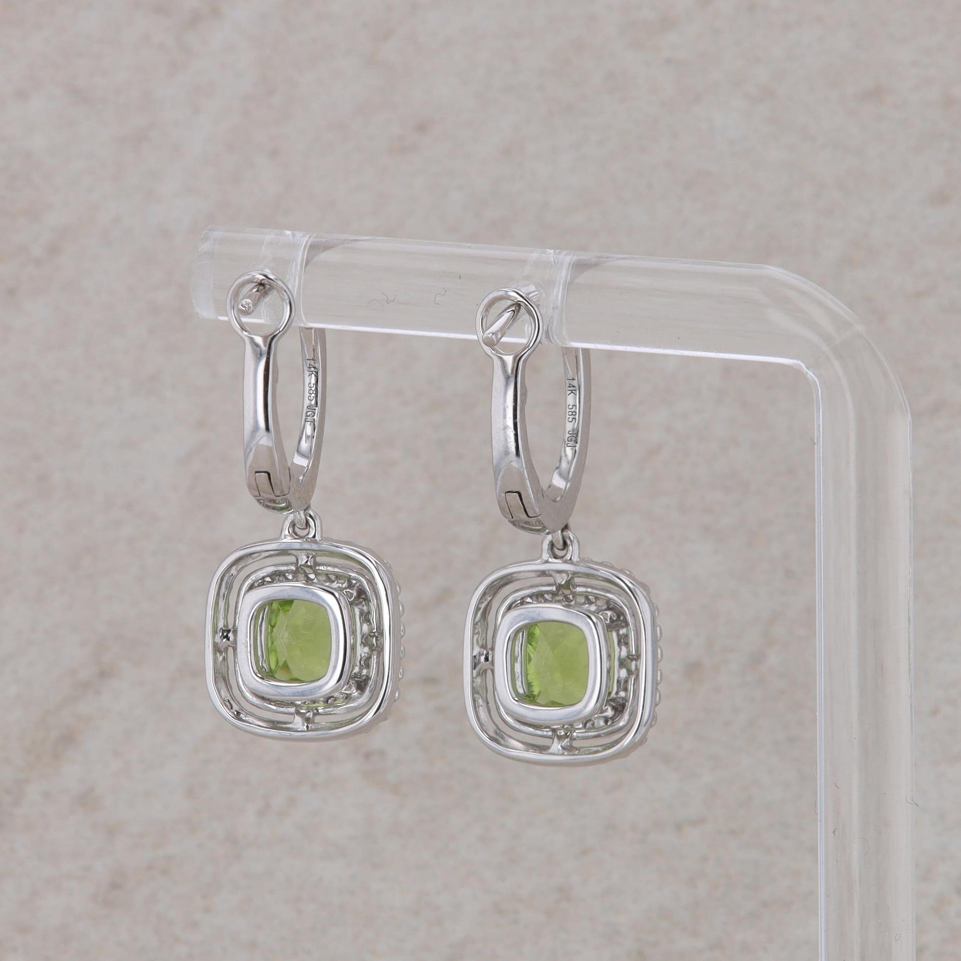 14k White Gold Cushion Diamond Halo and Peridot Drop Dangle Earring