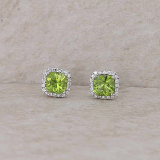 14k White Gold Cushion Diamond Halo and Peridot Stud Earrings