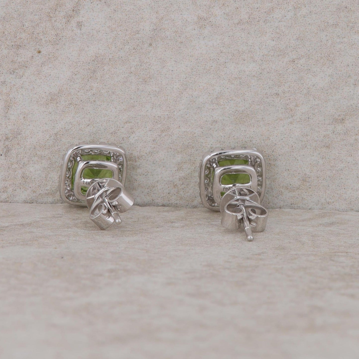 14k White Gold Cushion Diamond Halo and Peridot Stud Earrings