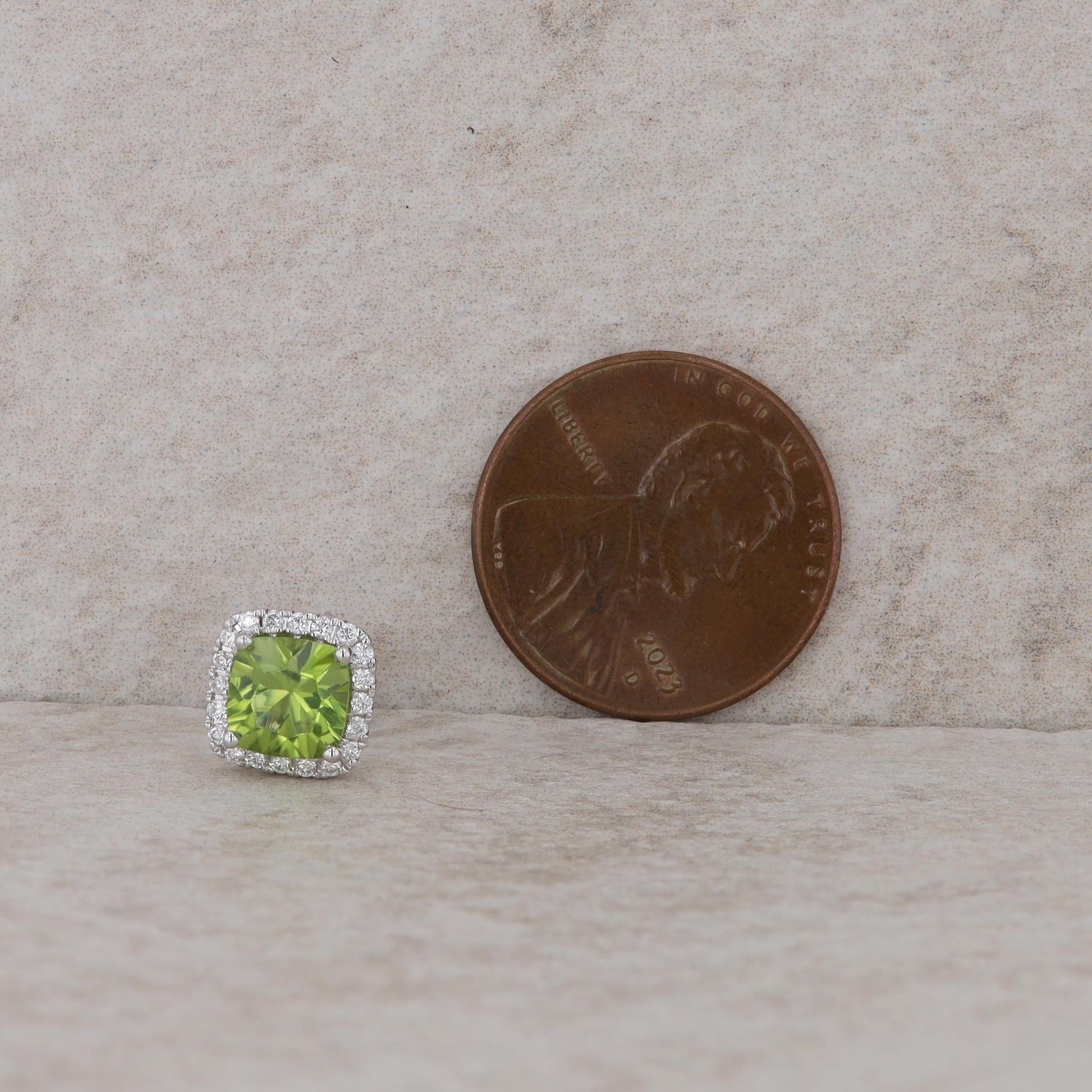 14k White Gold Cushion Diamond Halo and Peridot Stud Earrings