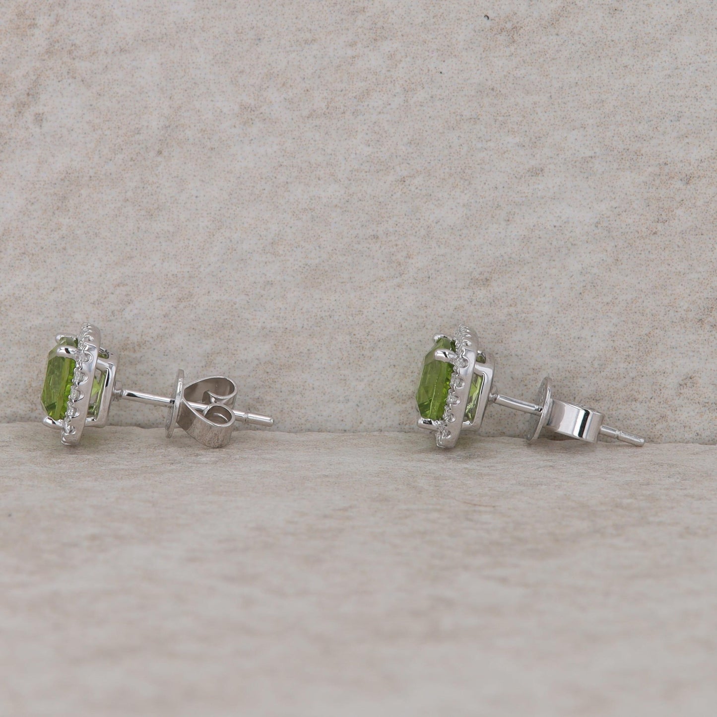 14k White Gold Cushion Diamond Halo and Peridot Stud Earrings