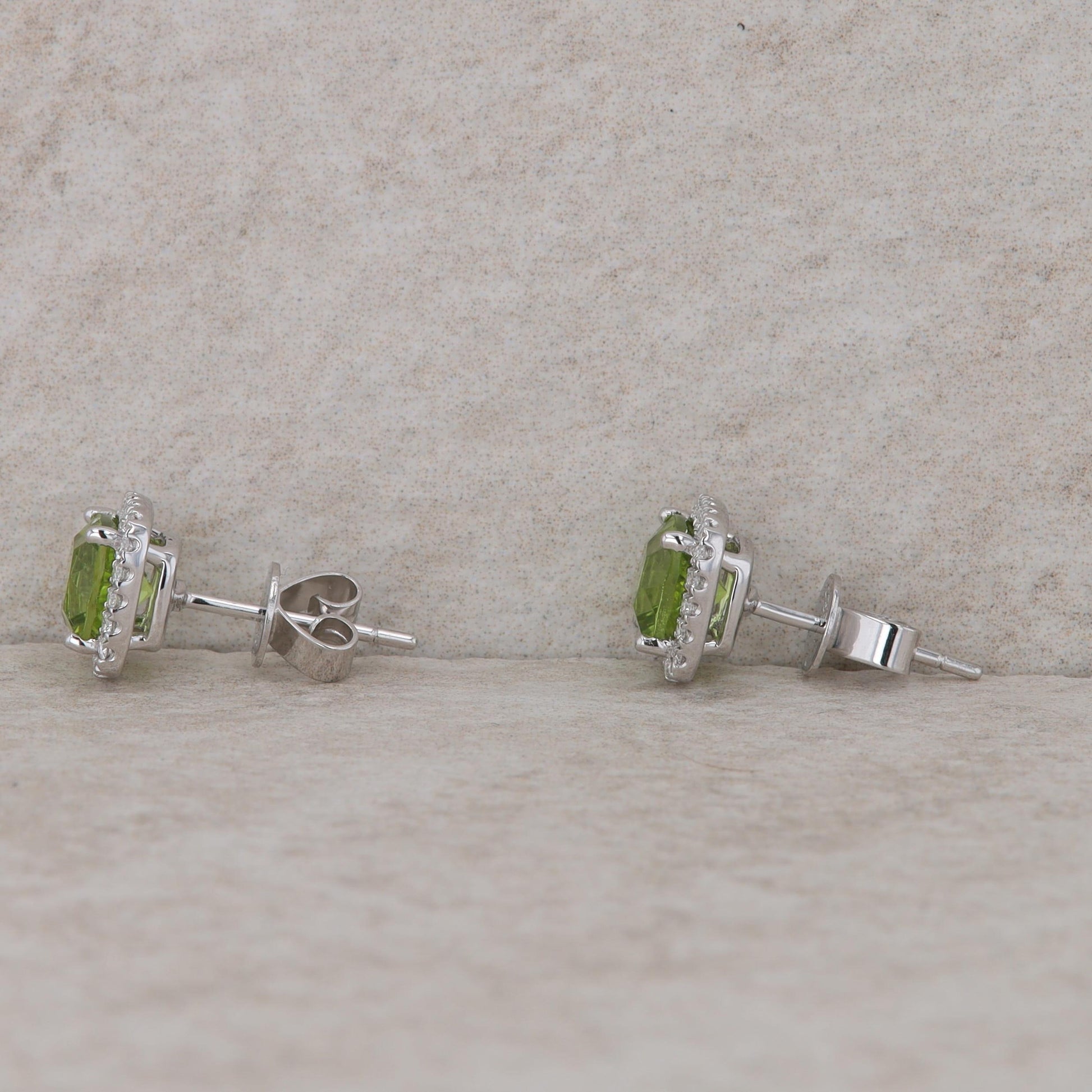 14k White Gold Cushion Diamond Halo and Peridot Stud Earrings