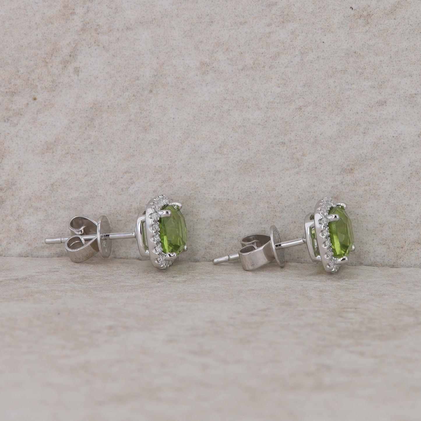 14k White Gold Cushion Diamond Halo and Peridot Stud Earrings