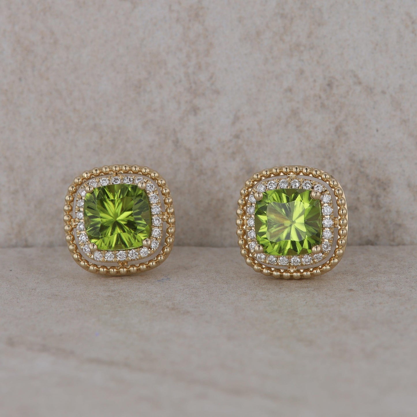 14k Yellow Gold Diamond Halo Cushion Peridot Stud Earrings