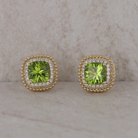 14k Yellow Gold Diamond Halo Cushion Peridot Stud Earrings