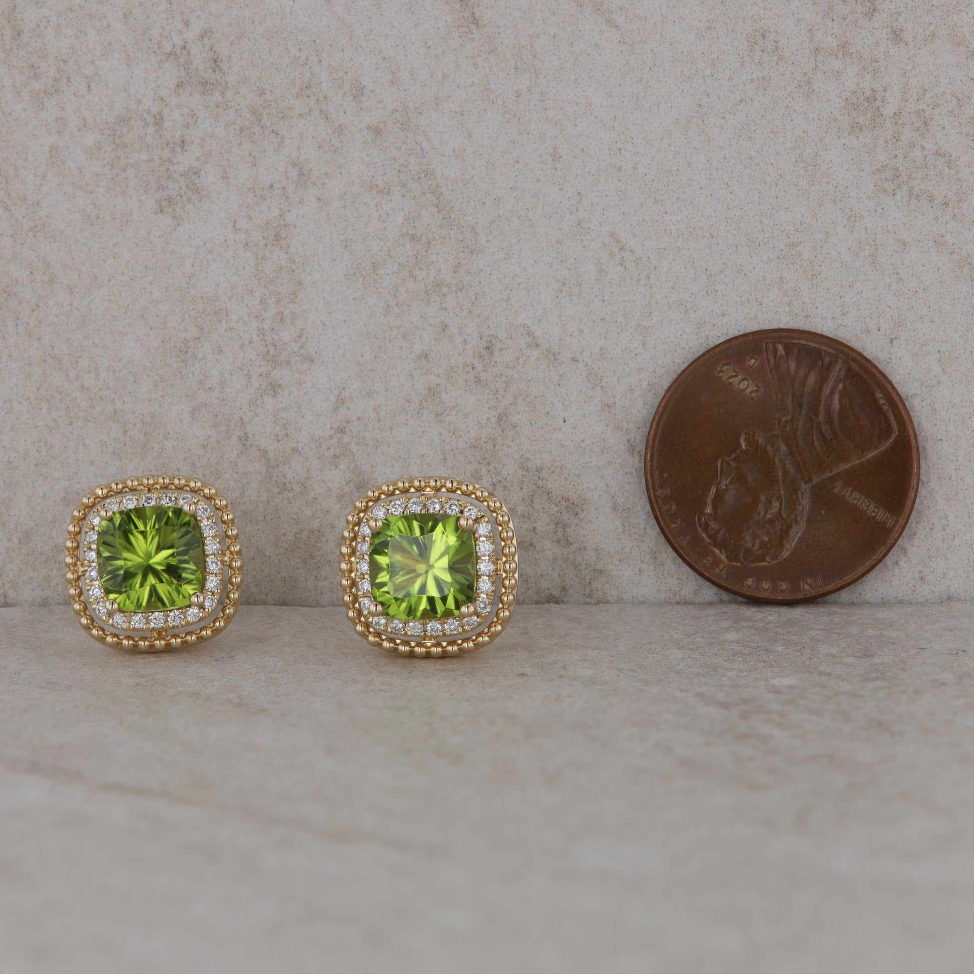 14k Yellow Gold Diamond Halo Cushion Peridot Stud Earrings