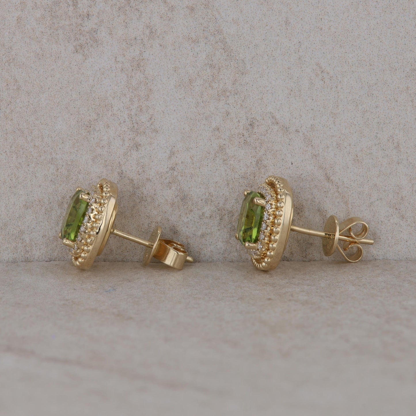 14k Yellow Gold Diamond Halo Cushion Peridot Stud Earrings