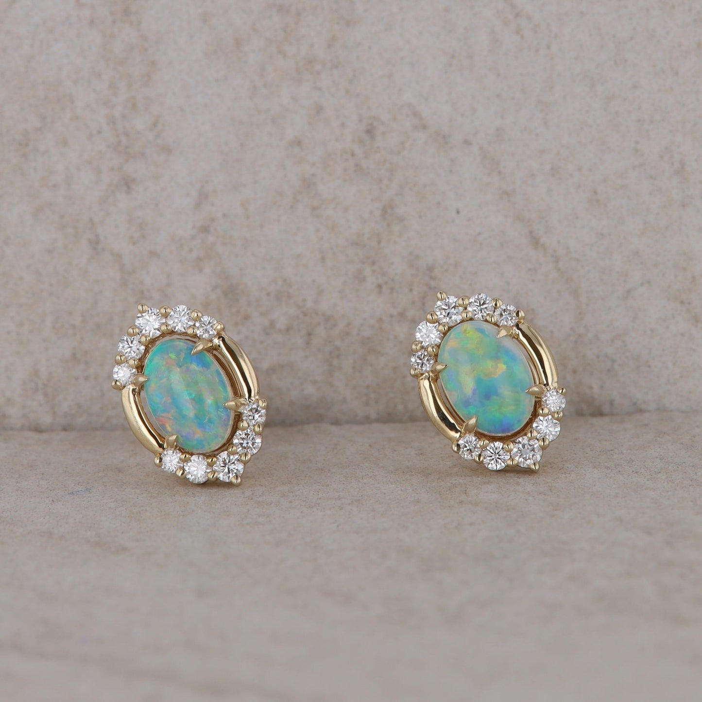 14k Yellow Gold Opal and Diamond Stud Earrings