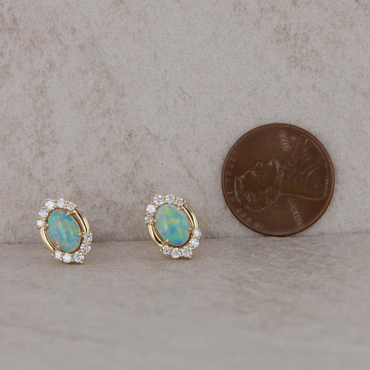 14k Yellow Gold Opal and Diamond Stud Earrings