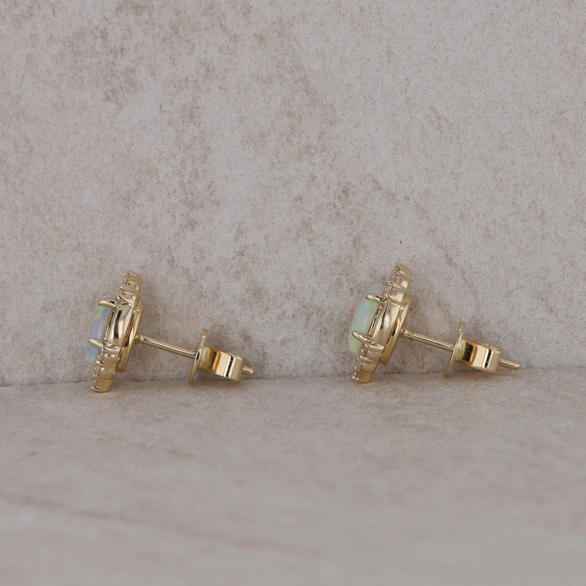 14k Yellow Gold Opal and Diamond Stud Earrings