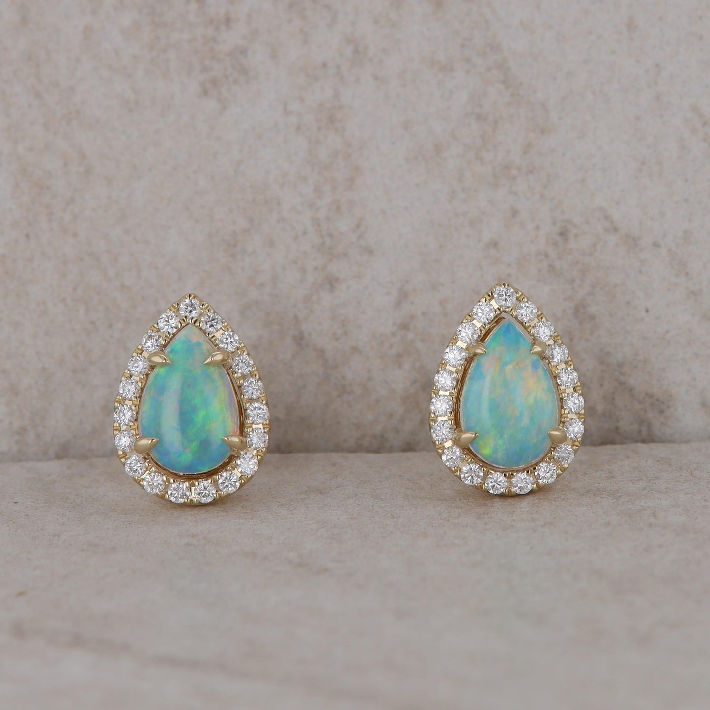 14k Yellow Gold Opal Pear Shaped Diamond Halo Stud Earrings