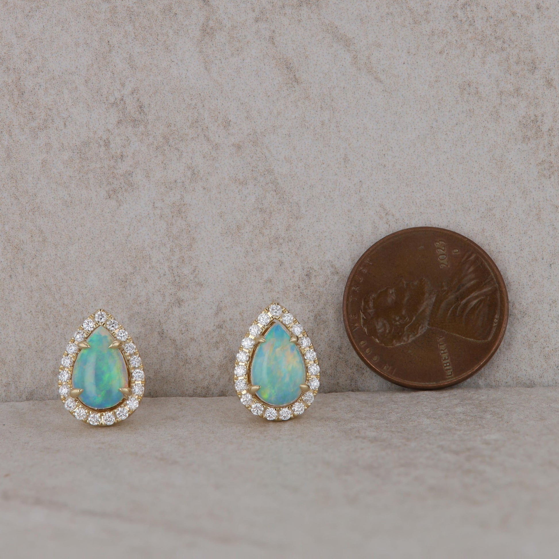 14k Yellow Gold Opal Pear Shaped Diamond Halo Stud Earrings