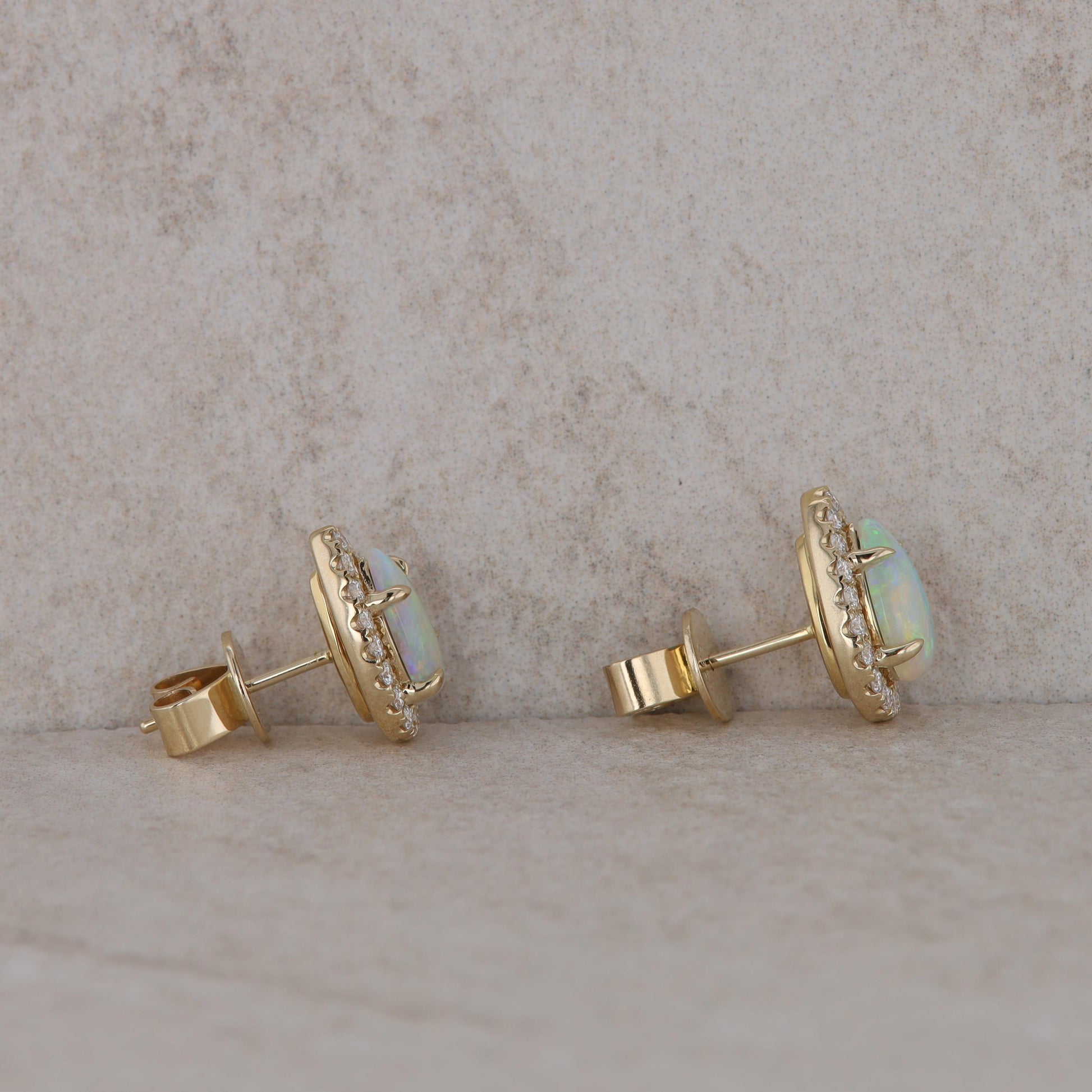 14k Yellow Gold Opal Pear Shaped Diamond Halo Stud Earrings