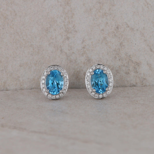 14k White Gold Oval Blue Topaz and Diamond Stud Earrings