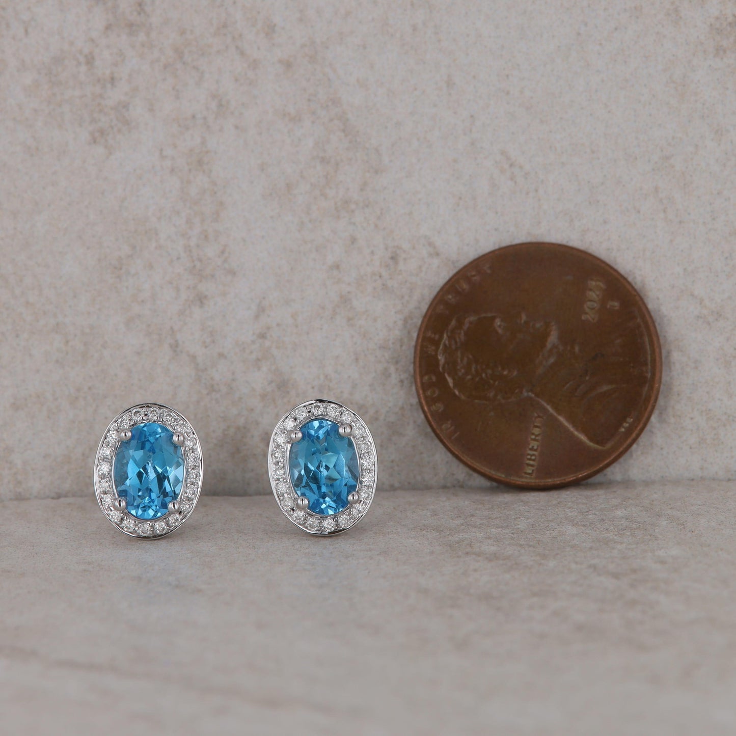 14k White Gold Oval Blue Topaz and Diamond Stud Earrings