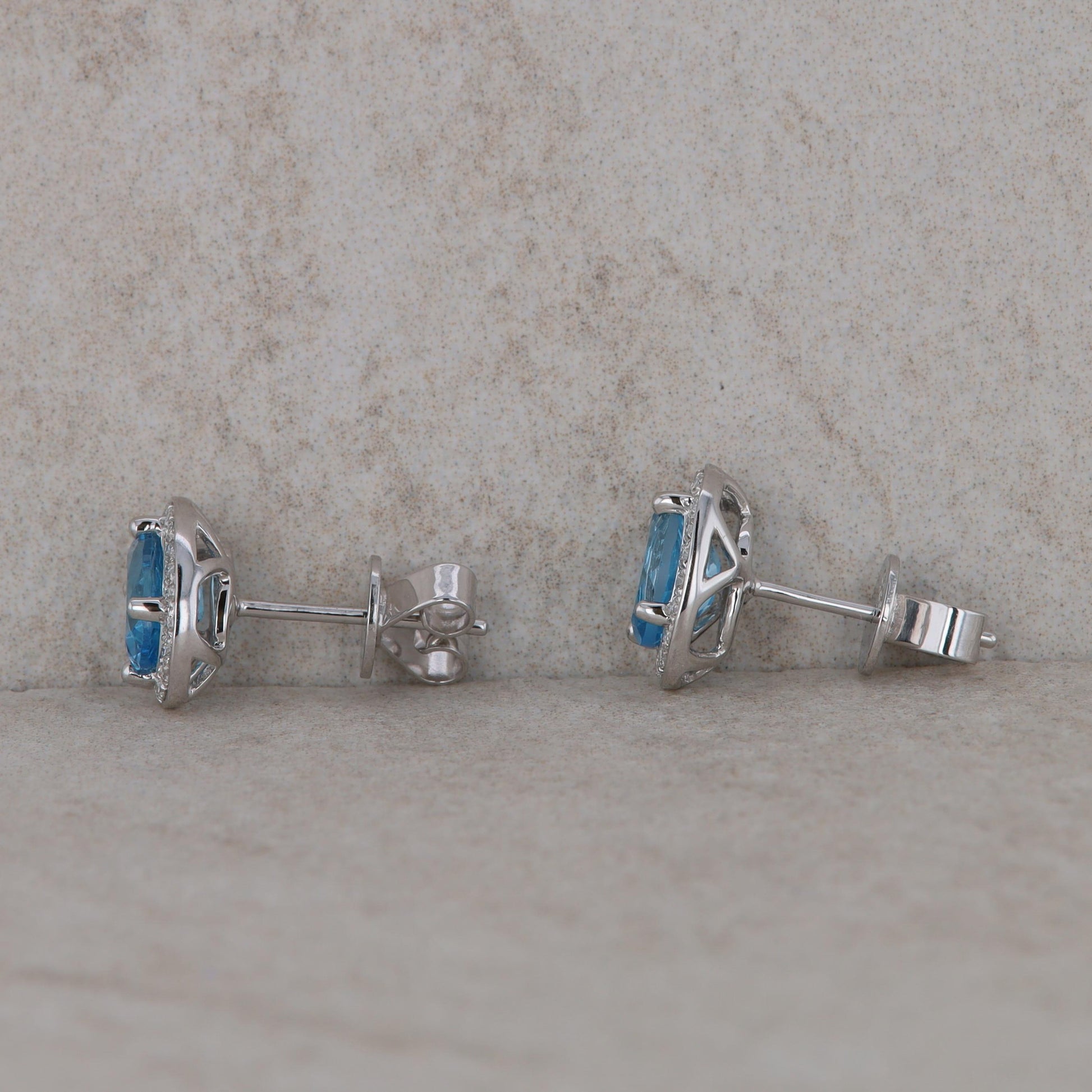 14k White Gold Oval Blue Topaz and Diamond Stud Earrings