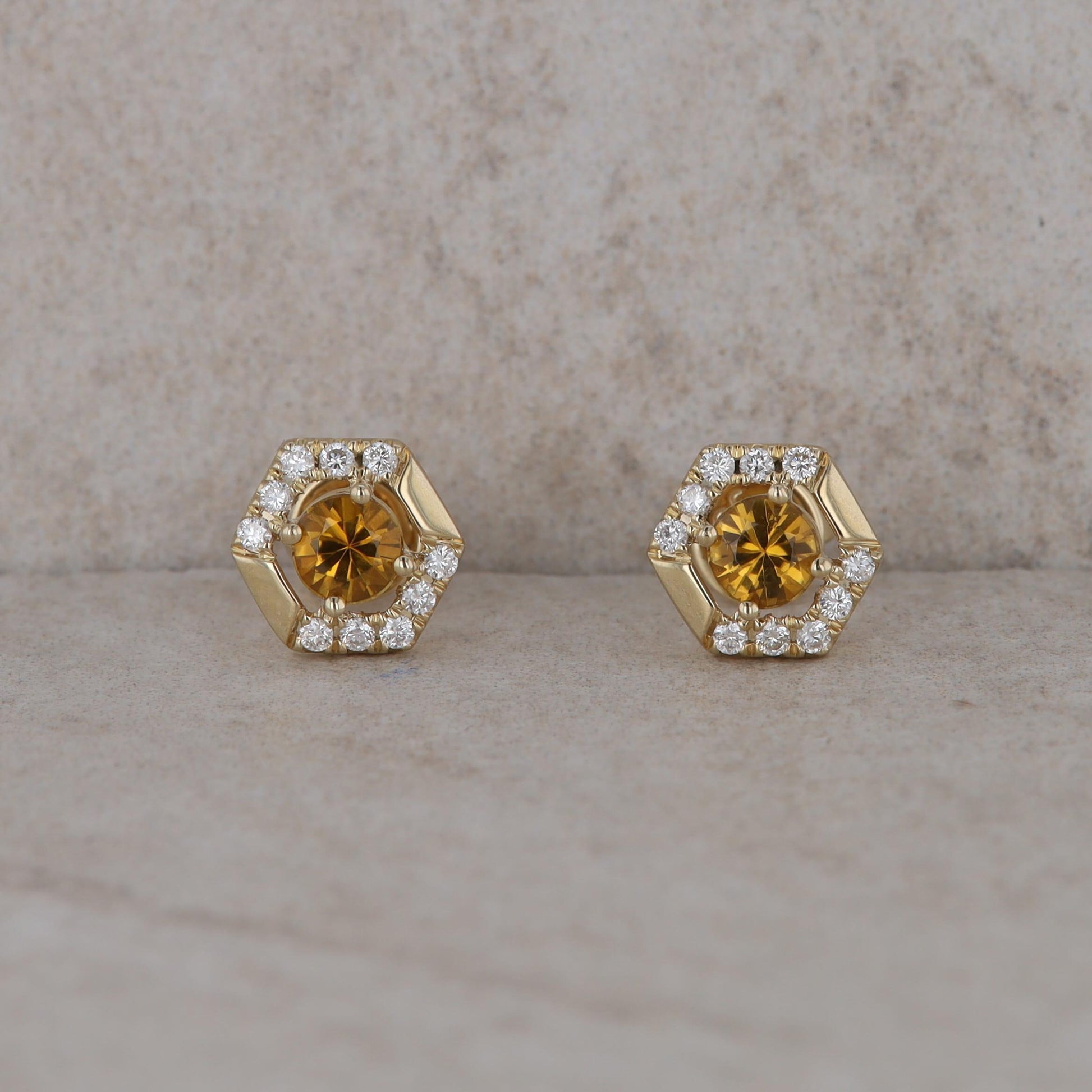 14k Yellow Gold Diamond and Gold Tourmaline Stud Hexagon Earrings