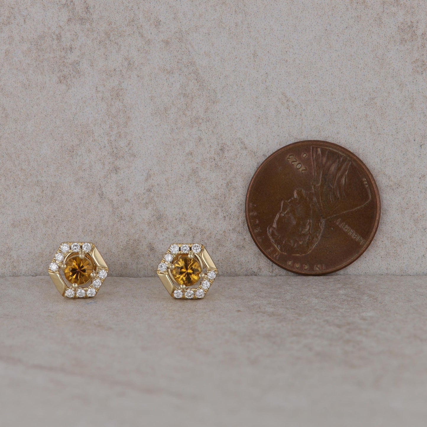 14k Yellow Gold Diamond and Gold Tourmaline Stud Hexagon Earrings