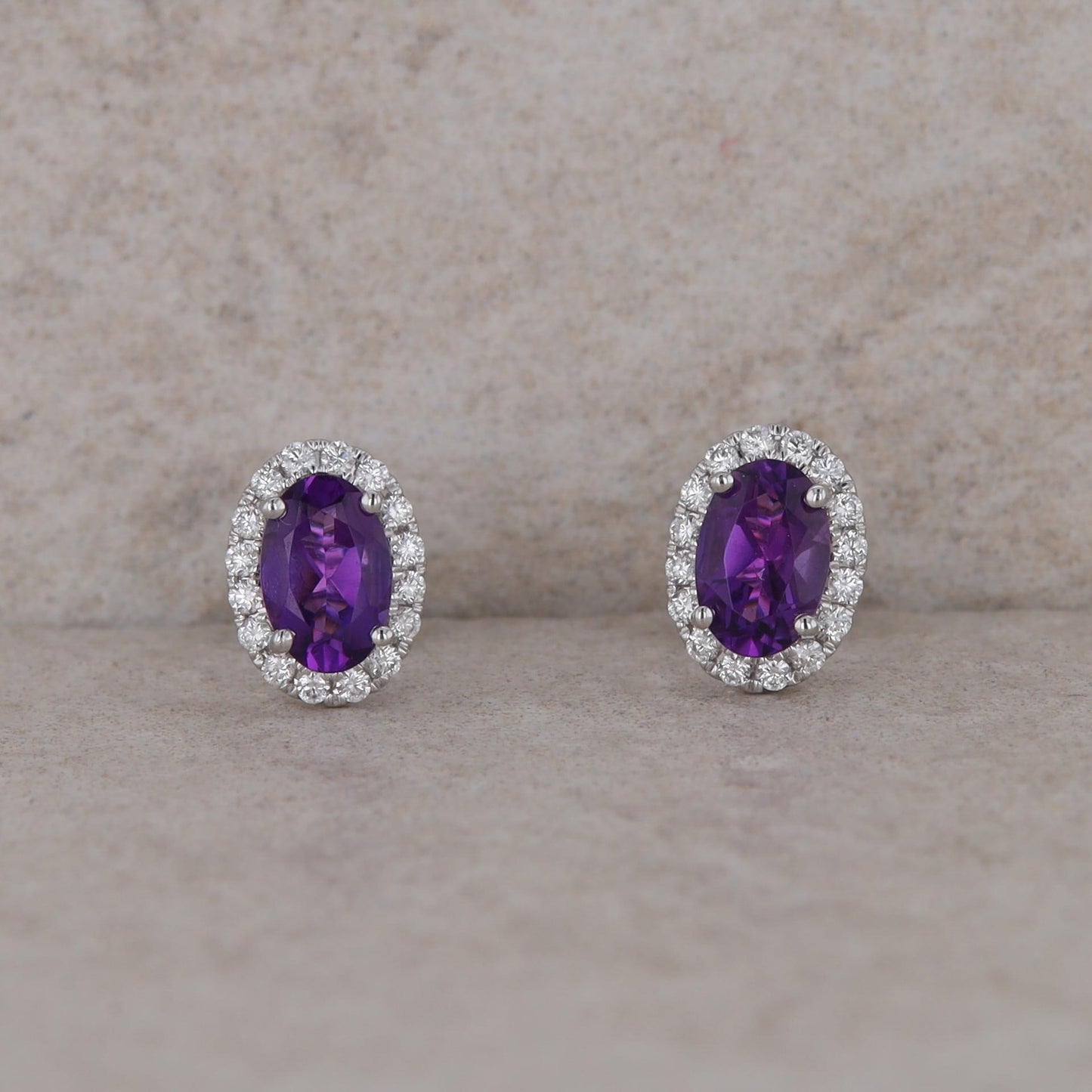 14k White Gold Oval Diamond Halo and Amethyst Stud Earrings