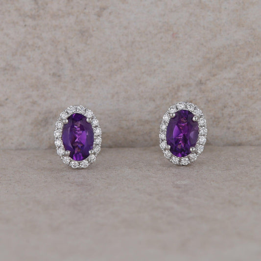 14k White Gold Oval Diamond Halo and Amethyst Stud Earrings